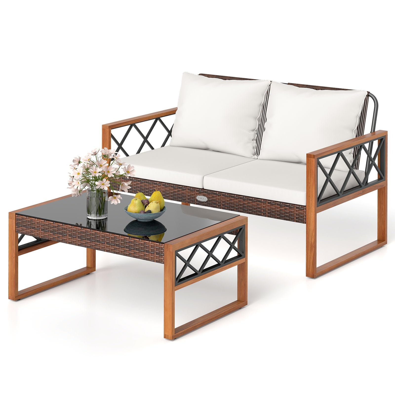 Tangkula 2 Pieces Outdoor Acacia Wood Loveseat and Table Set